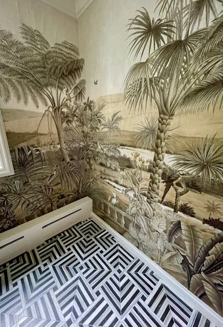 Christine Conte Interiors | Bathroom Design | Powder Room | Wallpaper | Luxury | Tile | Antique Brass | Mural | Sink | Faucet | In Progress