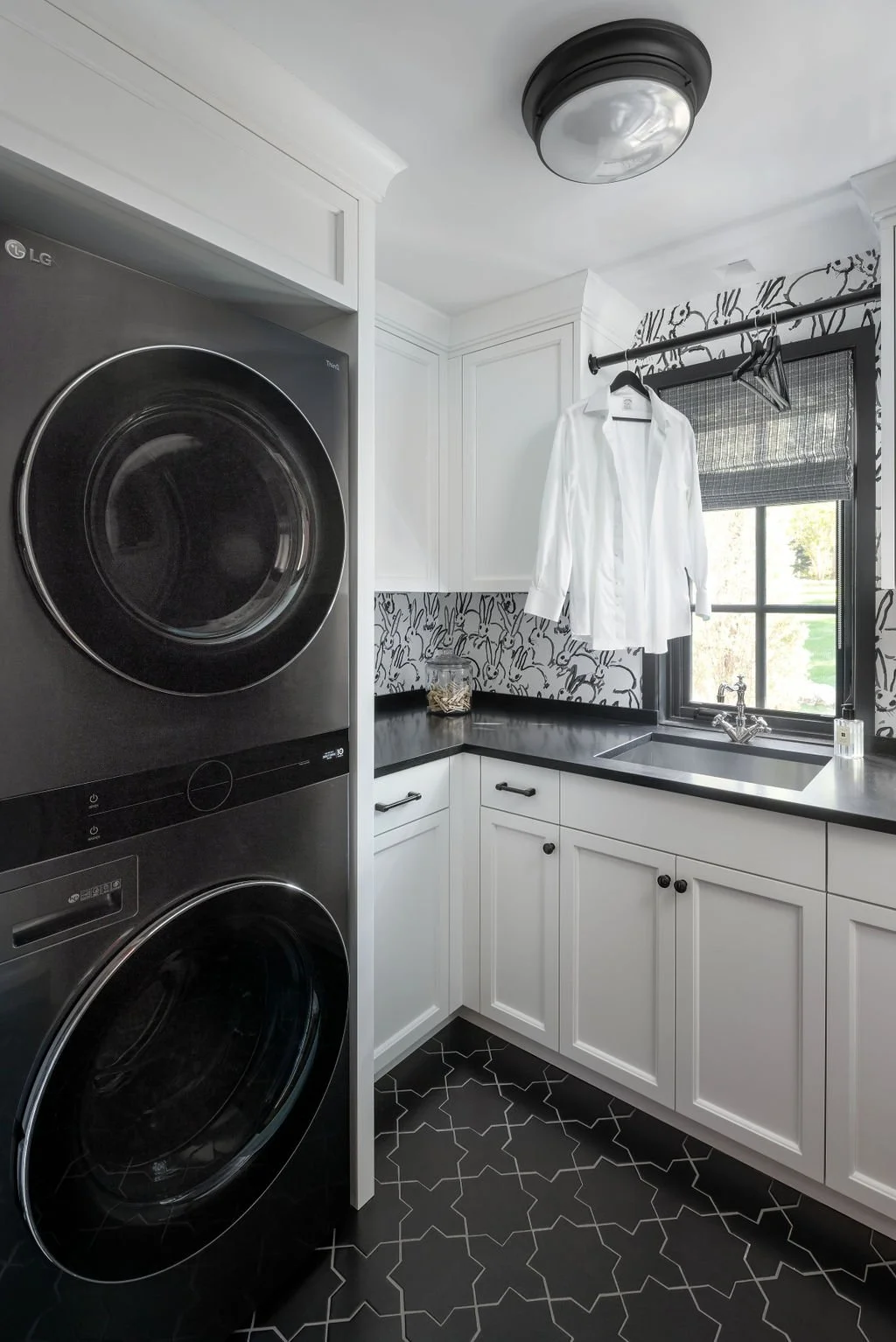 Christine Conte Interiors | Luxury | Design | Laundry Room | Black and White | Wallpaper | Tile | Soapstone