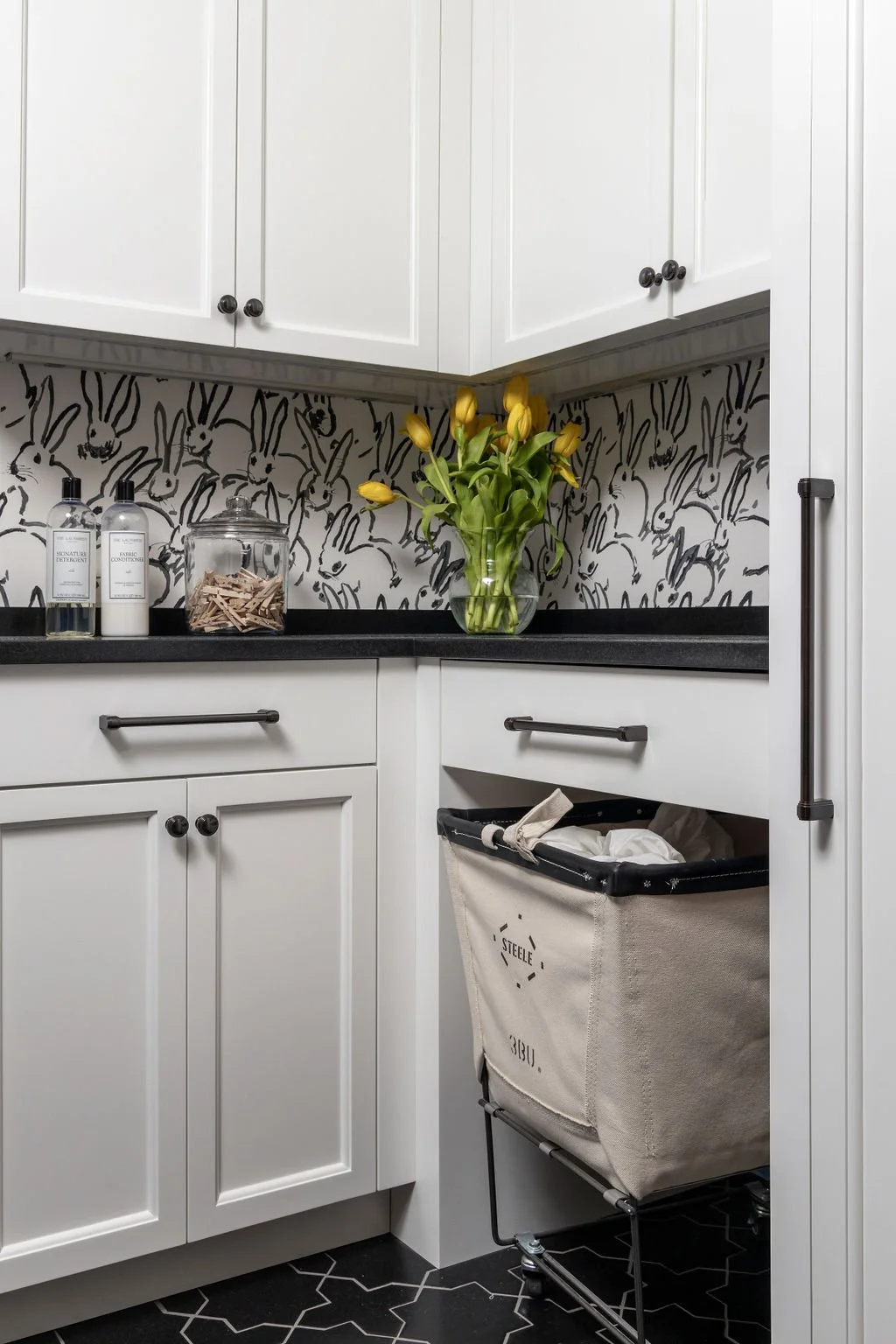 Christine Conte Interiors | Luxury | Design | Laundry Room | Black and White | Wallpaper | Tile | Soapstone