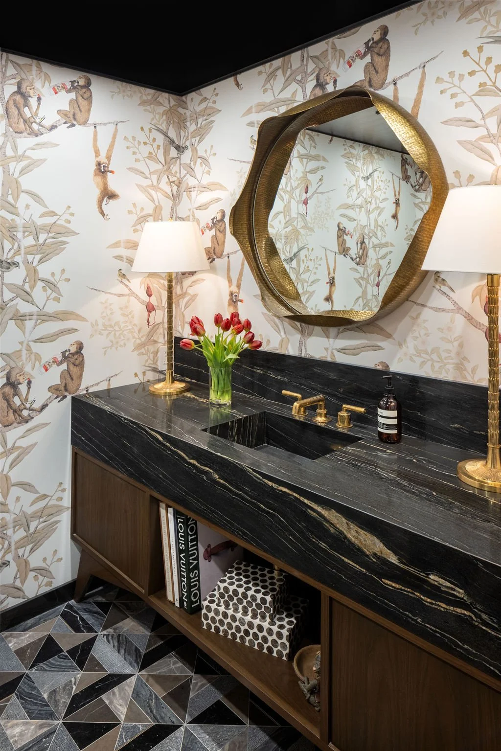 Christine Conte Interiors | Bathroom Design | Powder Room | Wallpaper | Luxury | Tile | Antique Brass | Wood Cabinets