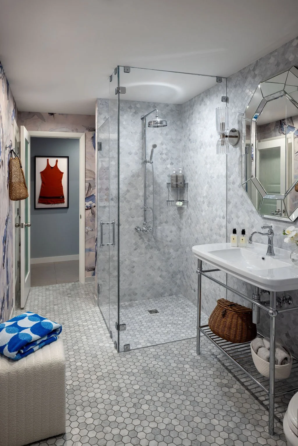 Christine Conte Interiors | Bathroom Design | Wallpaper | Tile | Luxury | Shower | Pedestal Sink