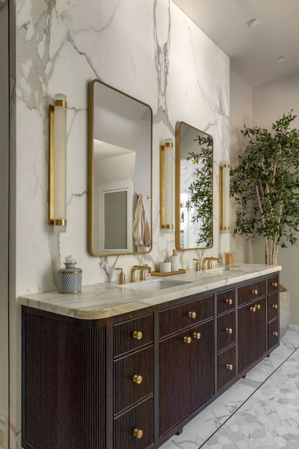 Christine Conte Interiors | Bathroom Design | Luxury | Tile | Brass | Vanity | Wood