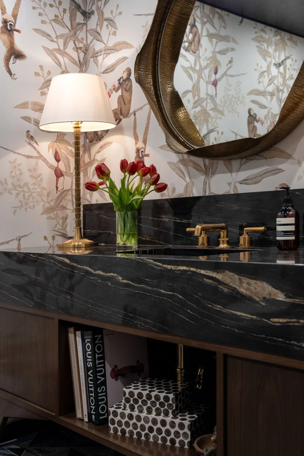 Christine Conte Interiors | Bathroom Design | Powder Room | Wallpaper | Luxury | Tile | Antique Brass | Wood Cabinets