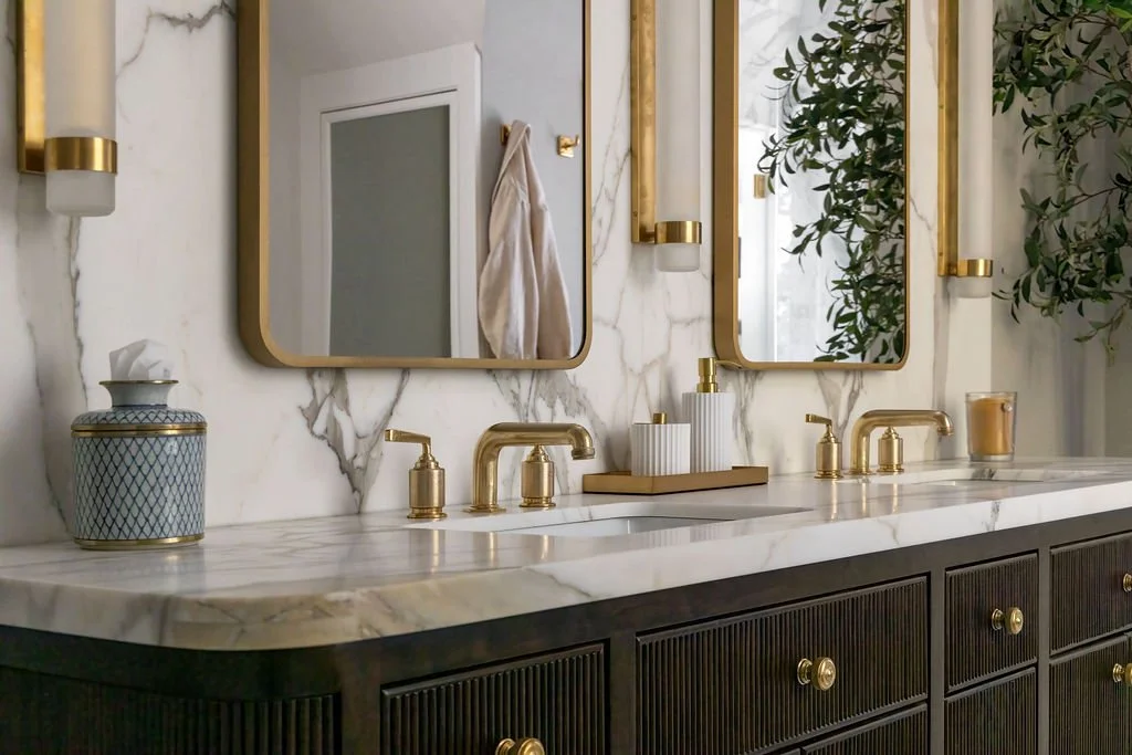 Christine Conte Interiors | Bathroom Design | Luxury | Tile | Brass | Vanity | Wood