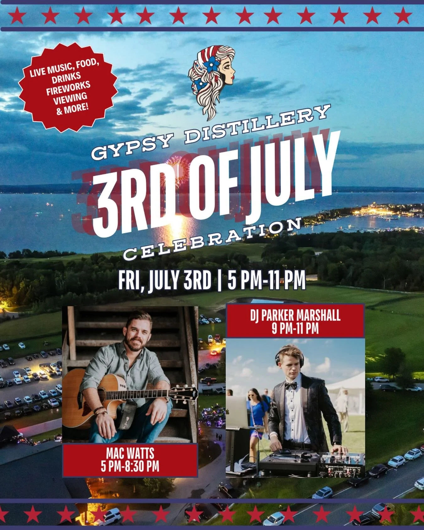 Our biggest party of the year is back!🇺🇸 

For America&rsquo;s 250th year, join us at Gypsy Distillery for our annual Third of July celebration&mdash;an unforgettable night of live music, drinks, and good times.

Gypsy Outdoor Stage lineup:

🎶 5:0