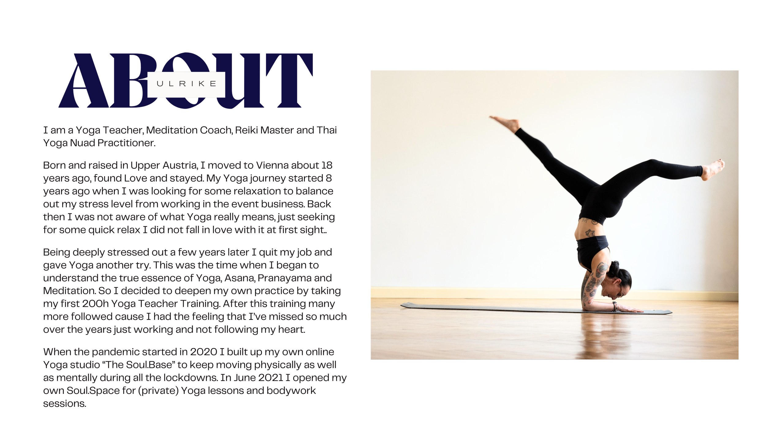 A woman performing a yoga headstand, balancing on her forearms with her legs extended upward, in a bright room with white walls and wooden floor.