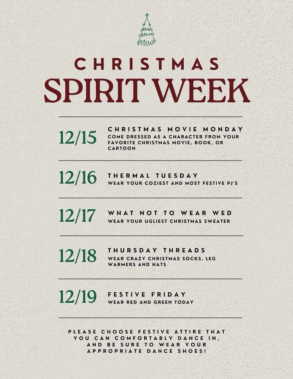 here&rsquo;s what we have going on this week as we head into Christmas break 🎄
spirit week is our favorite way to celebrate the season together before we take our two-week holiday break. we can&rsquo;t wait to see all the festive outfits, big smiles
