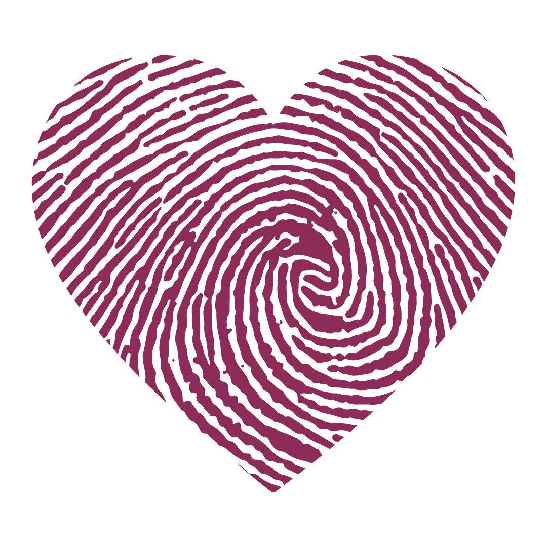 A heart shape filled with a purple fingerprint pattern.