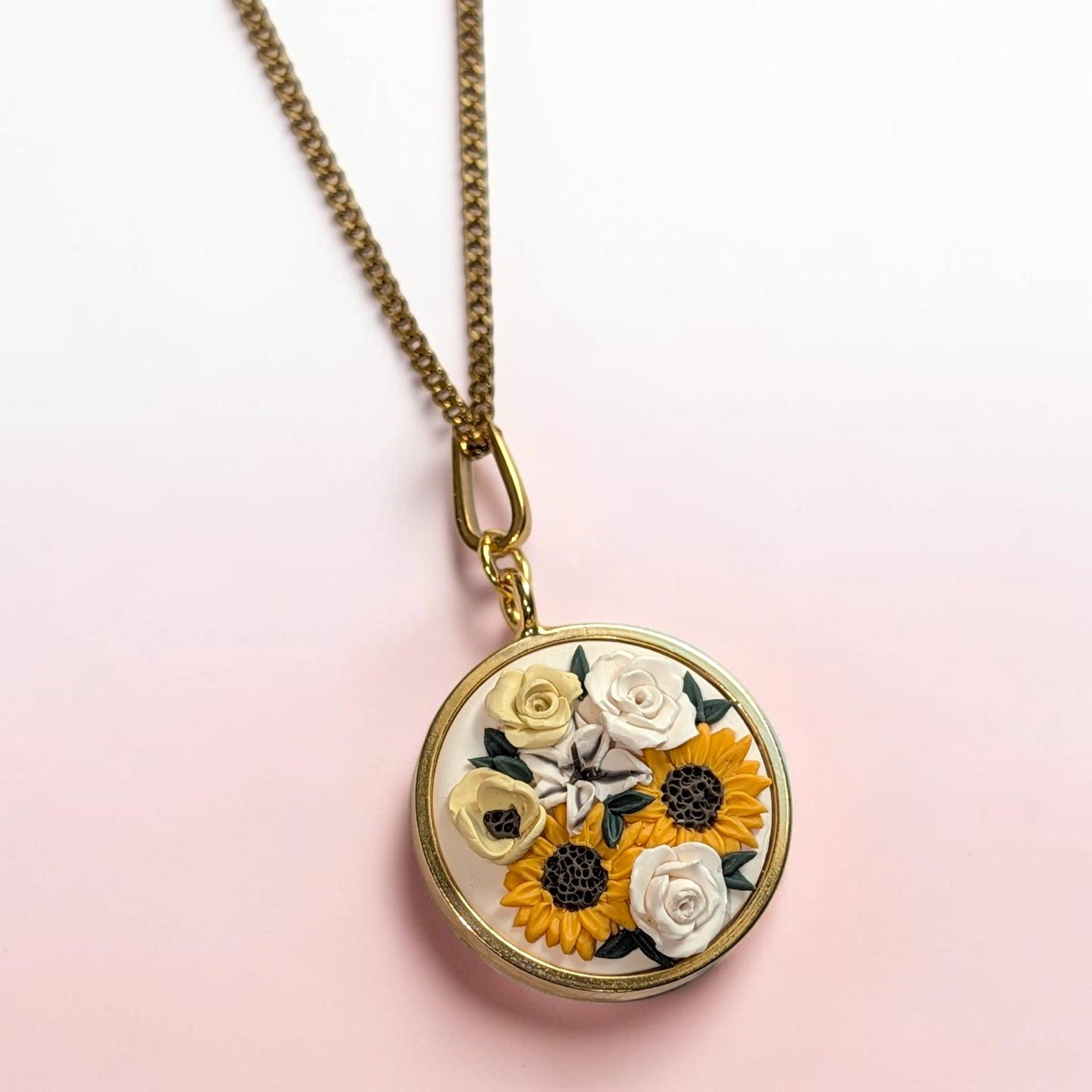 Girasol Collection Sunflower & Lily Floral Pendant Necklace | 24K Gold-Plated Rim