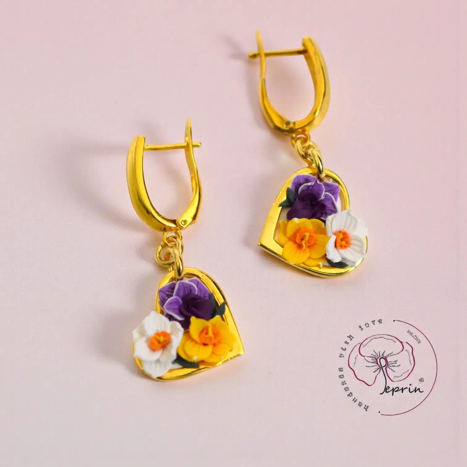 Ħlewwa Heart Floral Earrings — Daffodil & Orchid (Gold Plated)