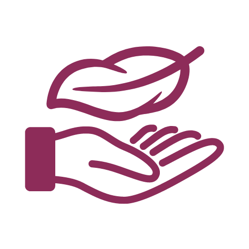 Icon of a hand holding a leaf.