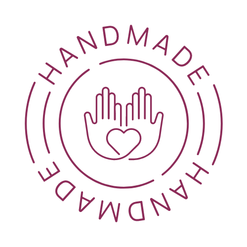 Logo with two hands forming a heart in the center, surrounded by the words "Handmade" in a circular pattern.