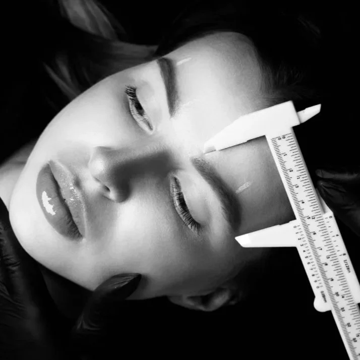 Close-up of a woman's face with her eyes closed, getting her eyebrows measured with a caliper. The image is in black and white.