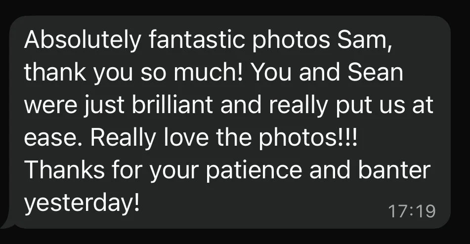 Screenshot of a messaging app containing a thank you message praising photos taken by Sam and Sean.