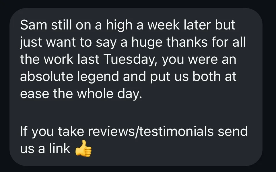 Screenshot of a message expressing gratitude to someone named Sam for their work on Tuesday, praising them as a legend and asking for reviews or testimonials with a thumbs-up emoji.