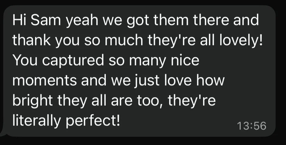 Screenshot of a text message praising someone for capturing beautiful, perfect moments.