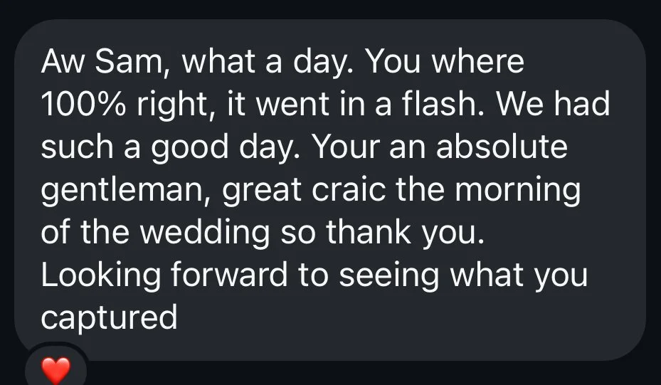 Screenshot of a text message expressing gratitude and admiration for someone's kindness and a memorable wedding day, including a red heart emoji at the bottom.