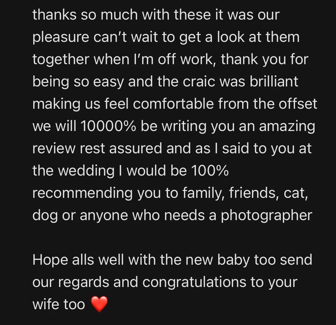 A typed message expressing gratitude and excitement, mentioning a gift, a wedding, and new baby congratulations, ending with a red heart emoji.