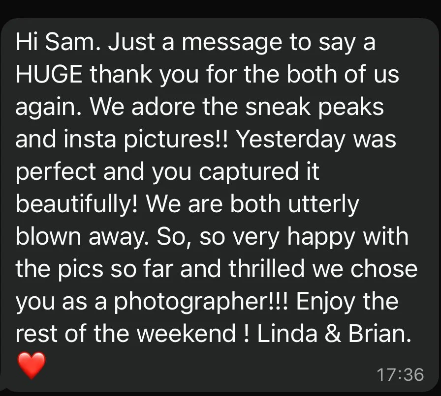Messaging app screenshot with a message expressing gratitude and admiration for photographs taken by Sam, signed by Linda and Brian with a red heart icon.