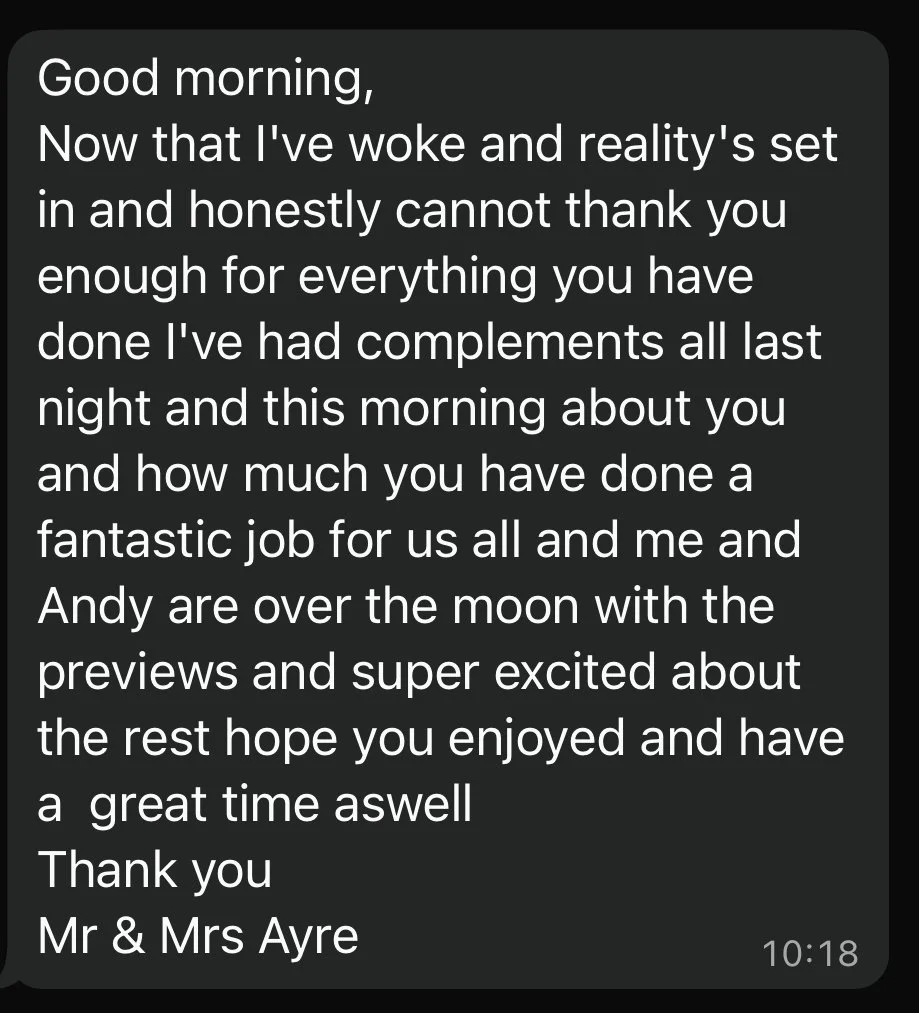 A screenshot of a text message expressing gratitude and excitement for a job well done, addressed from Mr. and Mrs. Ayre.