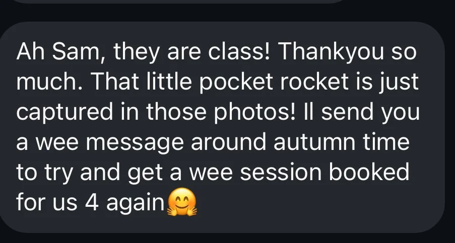 Screenshot of a text message discussing a class, a small pocket rocket, and arranging a photo session during autumn.