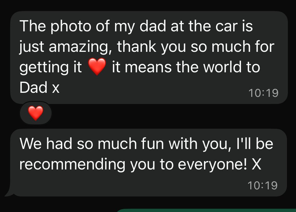 Screenshot of a messaging conversation praising a father for a car and mentioning fun times together.