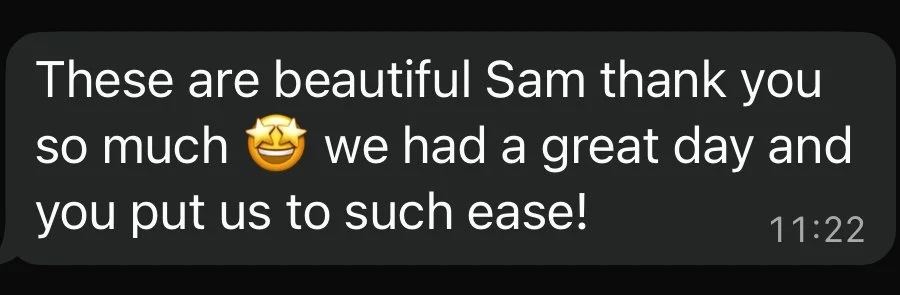 Text message thanking Sam for the beautiful items and expressing gratitude for a great day.