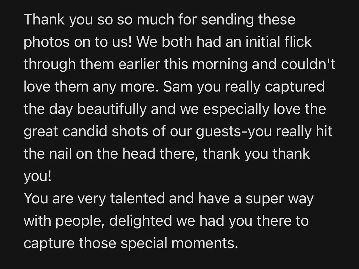 Screenshot of a message praising Sam for capturing beautiful candid shots of guests, thanks for sending photos, and expressing appreciation for their talent and presence at an event.