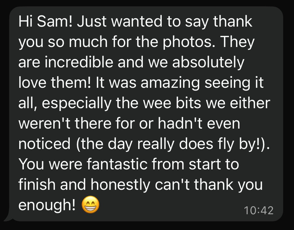 A screenshot of a text message expressing gratitude for photos, mentioning how amazing the photos are, especially the tiny bits that fly by unnoticeably, and praising the recipient for their great work, ending with a smiling emoji.