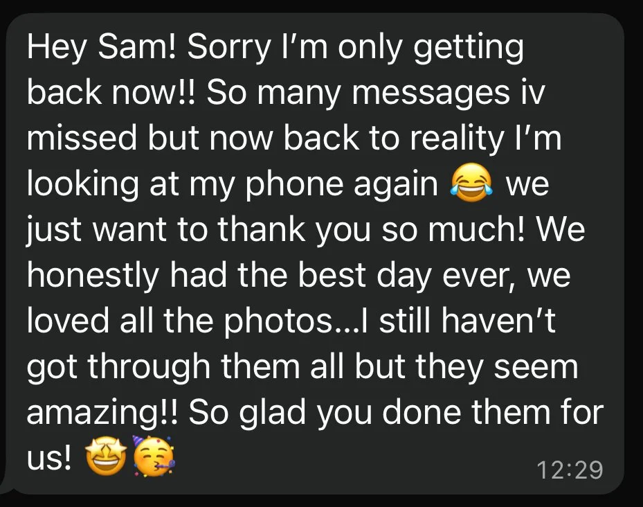 Screenshot of a text message praising someone named Sam for photos taken at a special event, expressing gratitude, and mentioning that they had a great day.