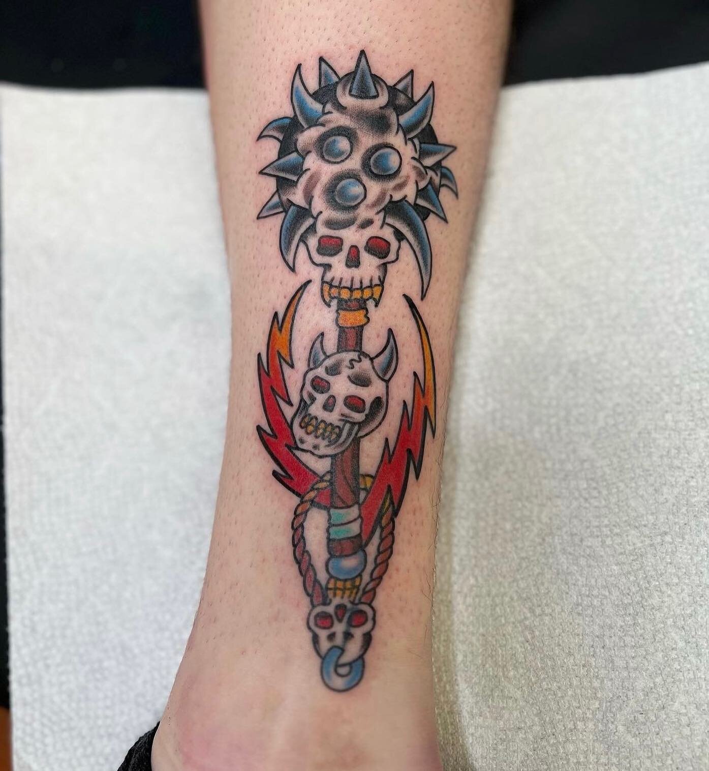 This mace tattoo is tough as nails ☠️ 
Done by @stevenleetattoos
Taking walk-ins 12-8! First come, first served!