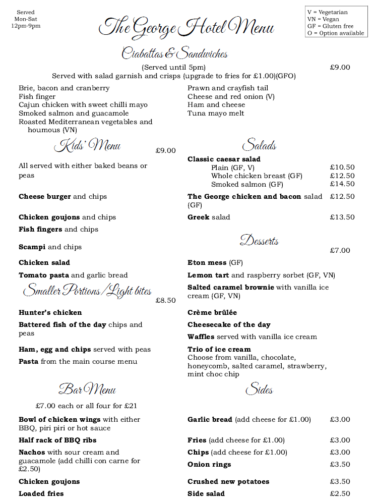 Main Menu — The Hotel, Dereham