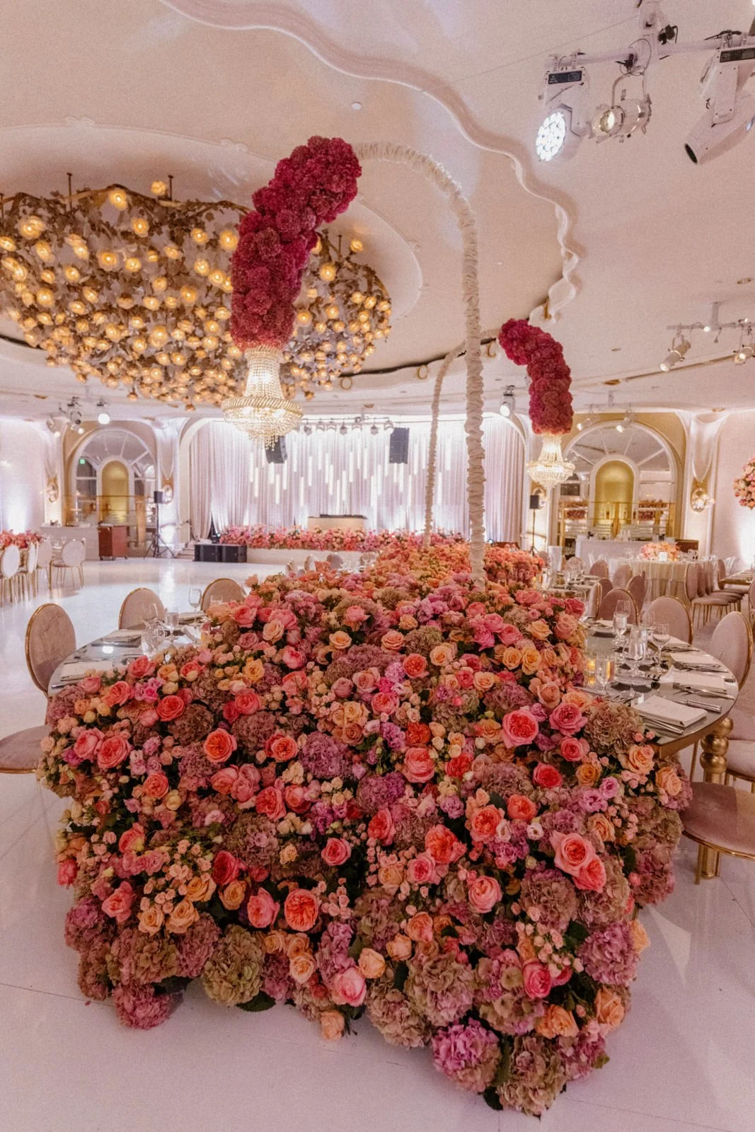 Colorful Wedding Reception in Los Angeles with Bold Pink and Orange Styling and Ambient Lighting