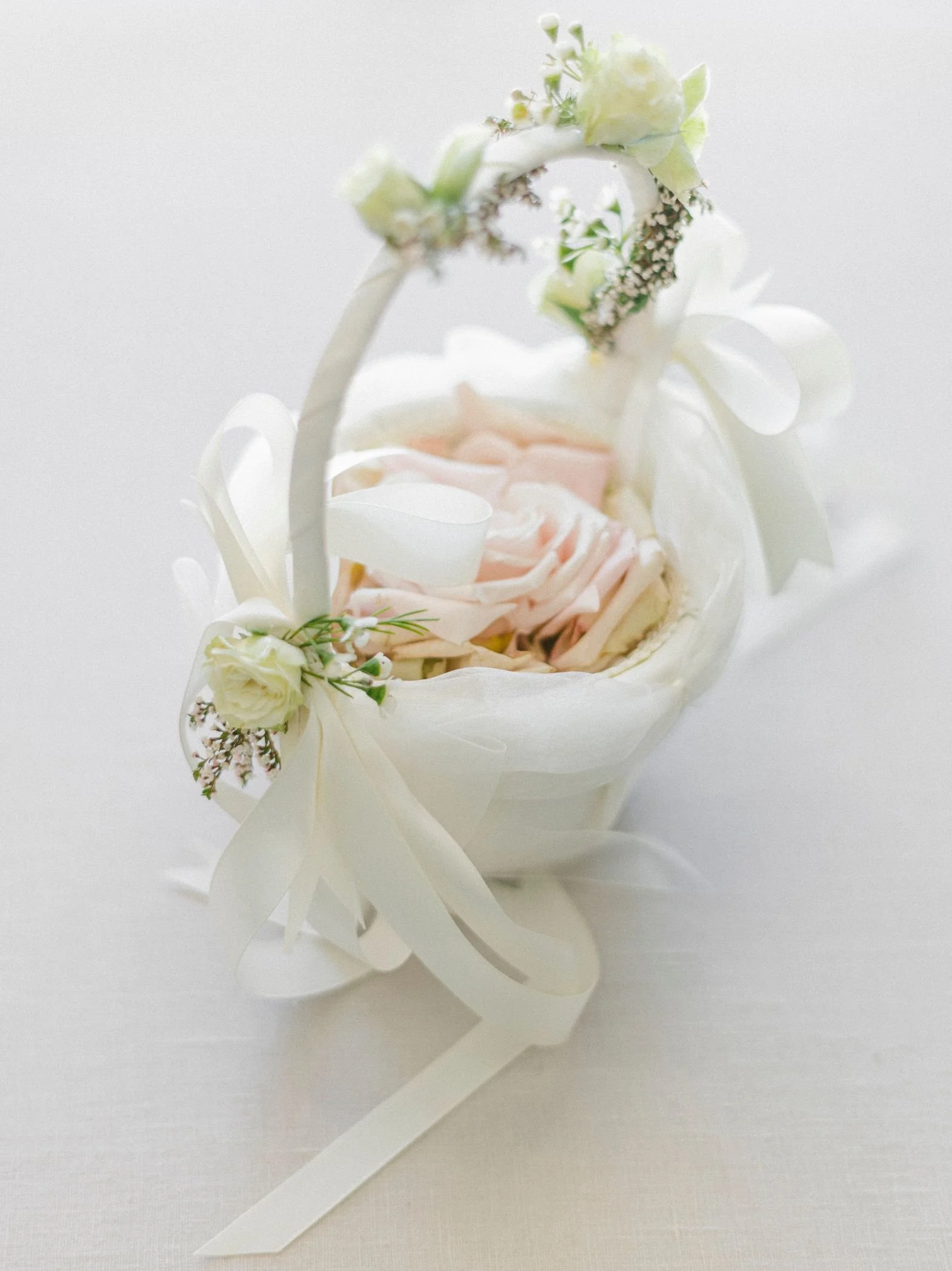 Flower Girl Basket with Fresh Greenery and Soft Floral Details Styled for a Spring Wedding at the Beverly Hills Hotel