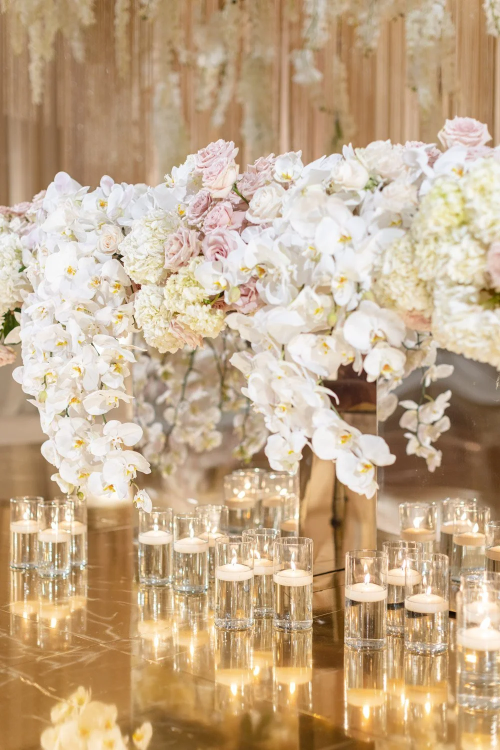 Close-Up Wedding Flower Design Details with Layered Florals and Elegant Table Accents