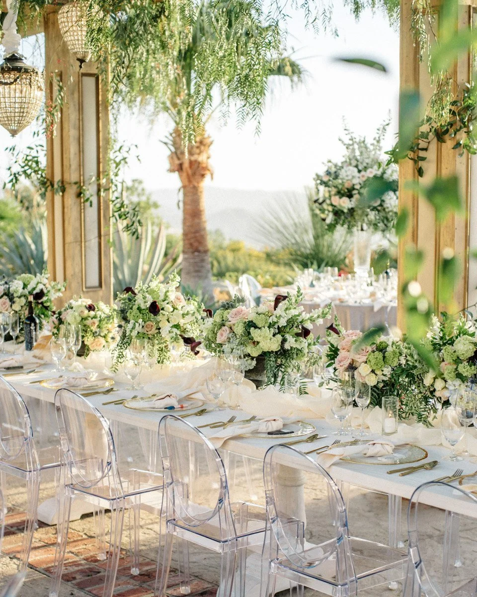 Garden Wedding Design with Hanging Greenery and an Elegant Outdoor Reception Setting