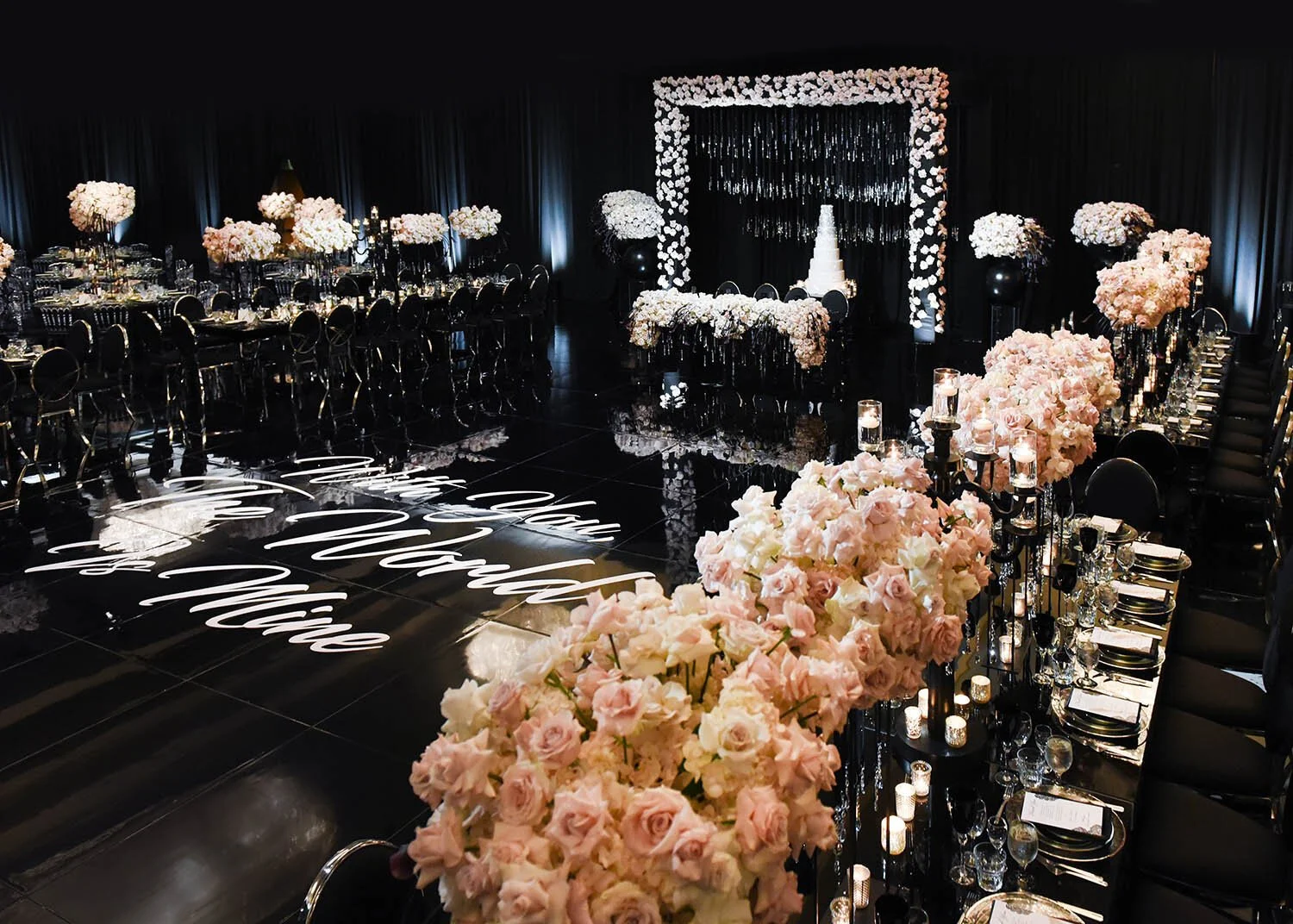 Black and Pink Wedding Design with Dramatic Floral Styling and Modern Reception Details