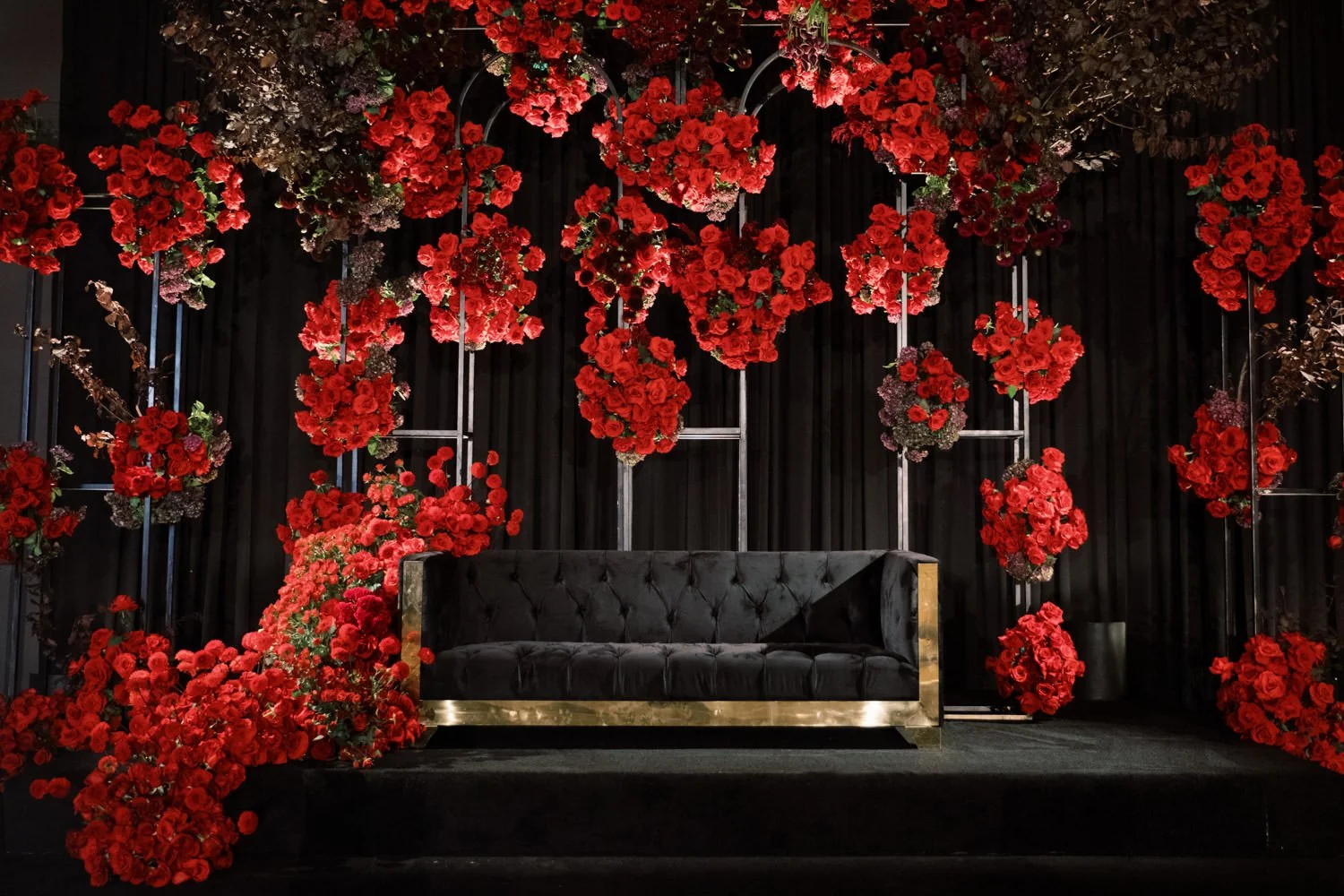 Red Rose Wedding Reception in Los Angeles with Dramatic Floral Design and Rich Romantic Styling