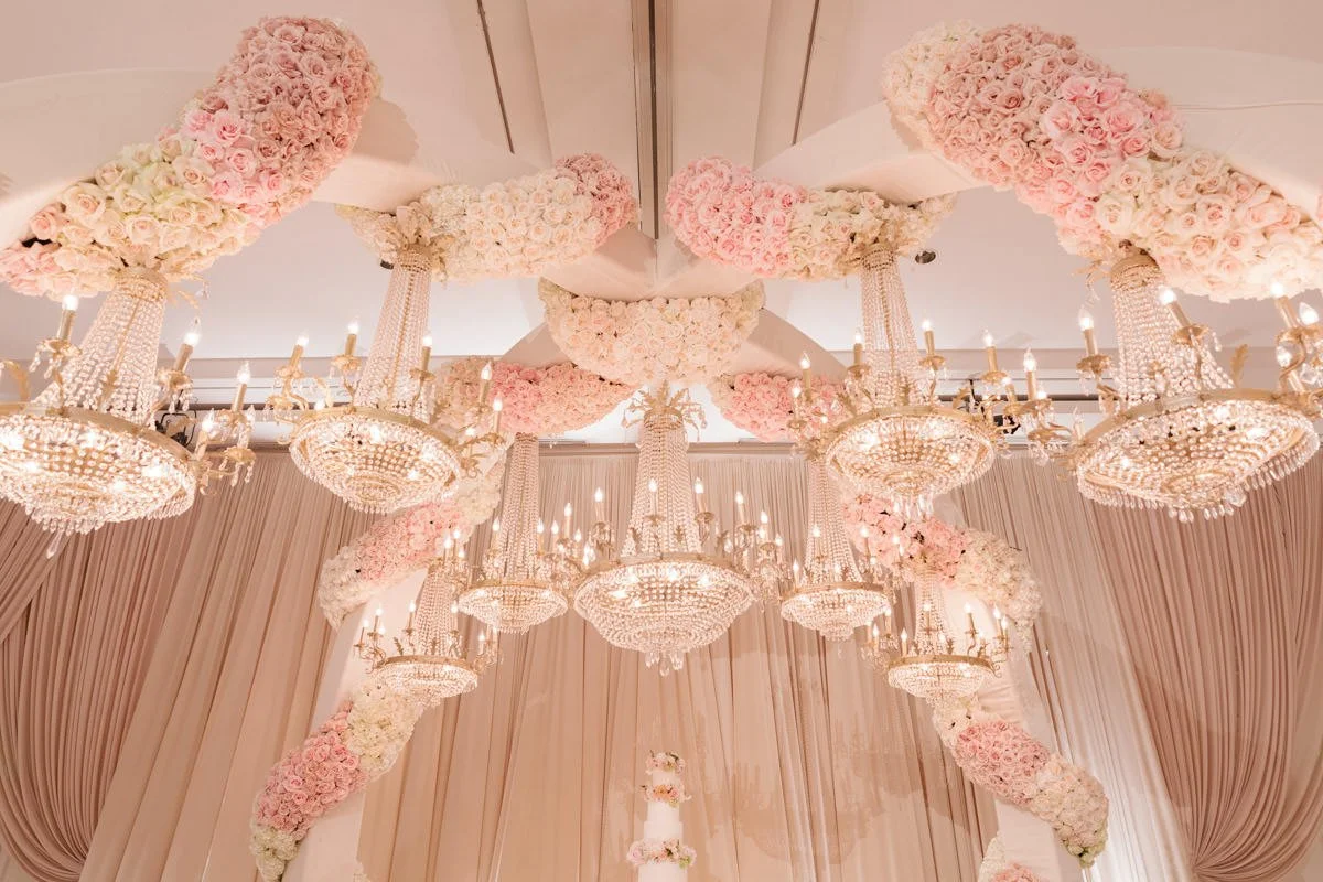 Pink, Cream, and Gold Wedding Reception with Glamorous Floral Decor and Elegant Tablescapes