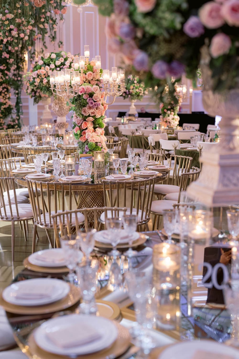 Gold and cream table settings accented with crystal pieces create a stunning dinner table at the Taglyan Cultural Complex - Eddie Zaratsian Lifestyle &amp; Design