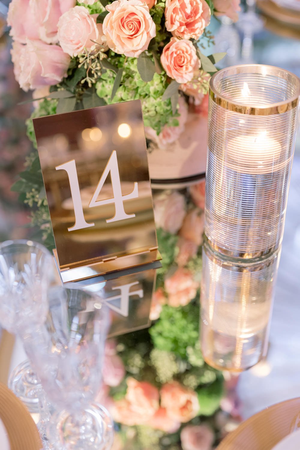 Pink and cream roses with gold and crystal accents create a bold and beautiful table setting at the Taglyan Cultural Complex - Eddie Zaratsian Lifestyle &amp; Design