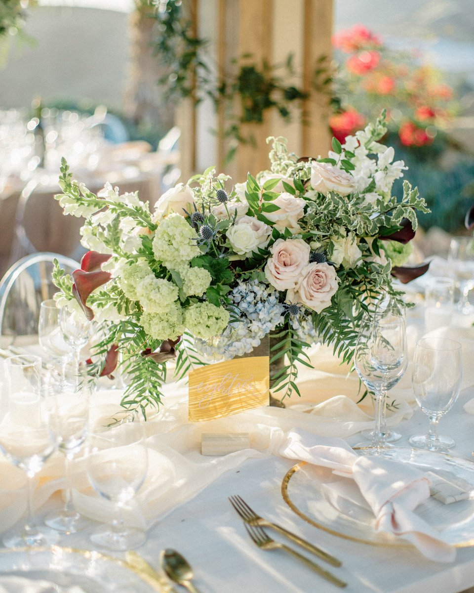 Wedding reception table centerpiece floral design by Eddie Zaratsian - Wedding at Hummingbird Nest Ranch