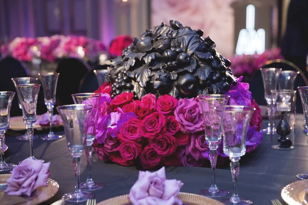 Dramatic pink, purple and black floral centerpiece designed by Eddie Zaratsian Lifestyle and Design, Photo by Melody Melikian