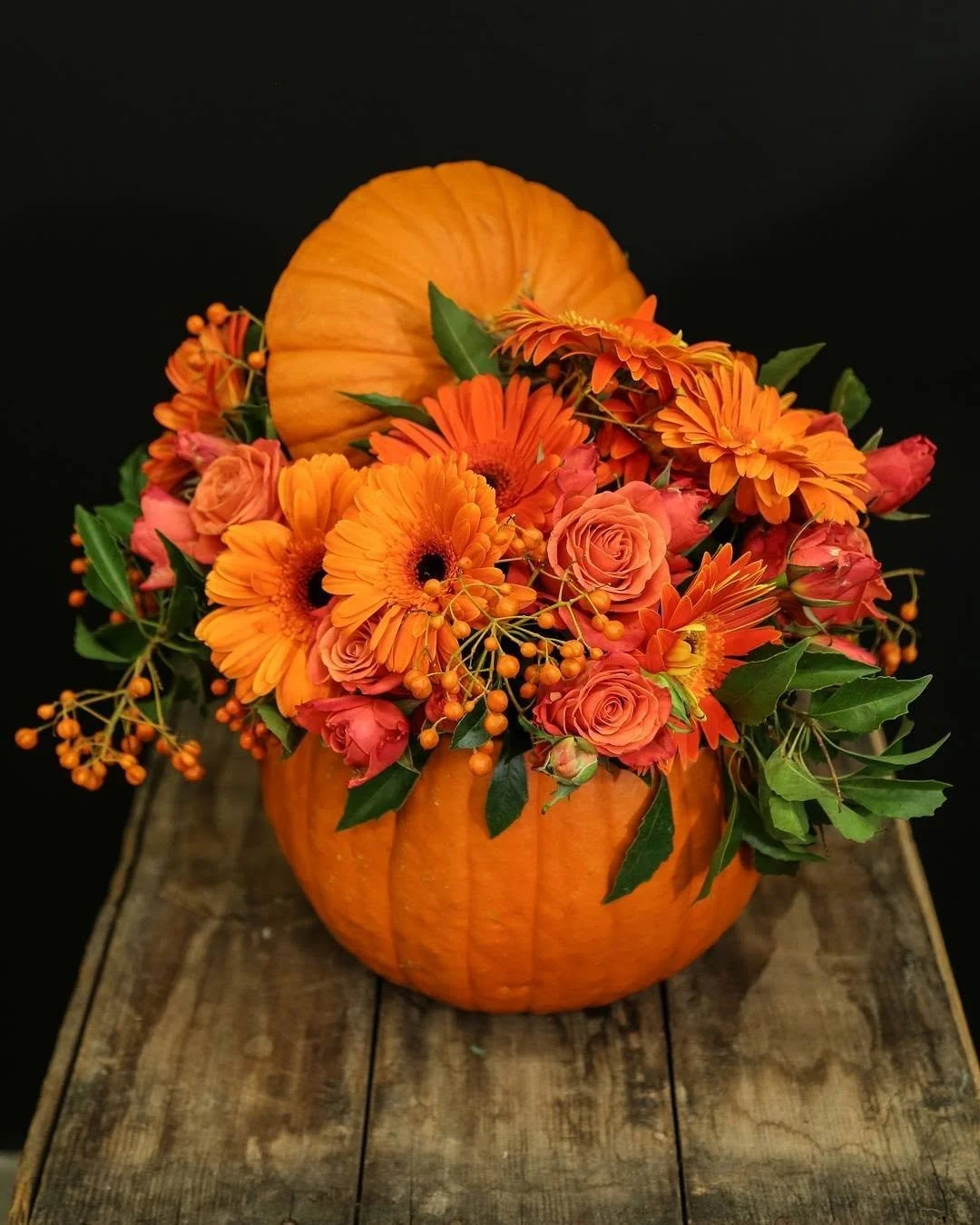 Thanksgiving pumpkin and chrysanthemum decor, Los Angeles