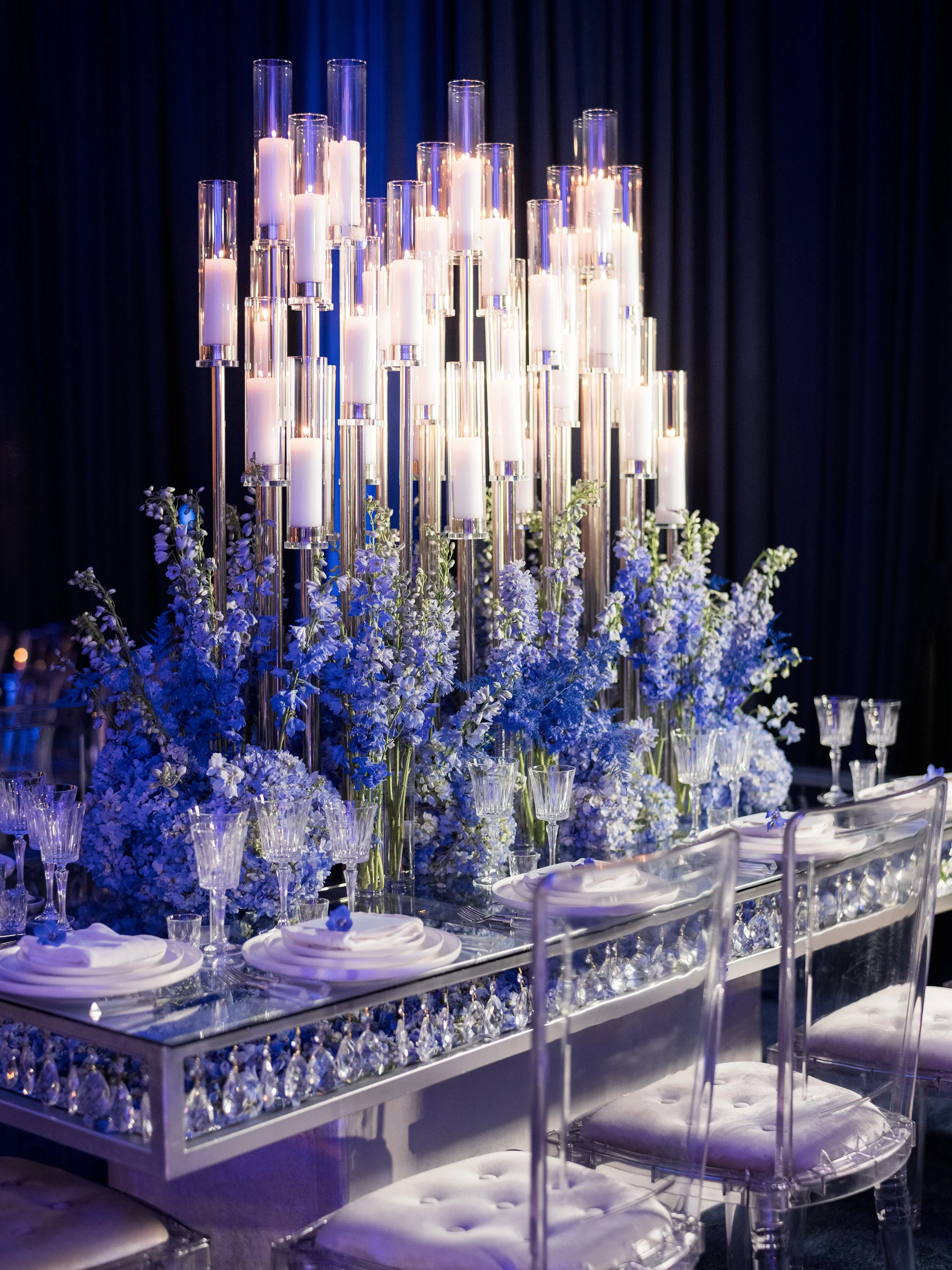 Purple wedding colors - blue and purple accents in table decor 