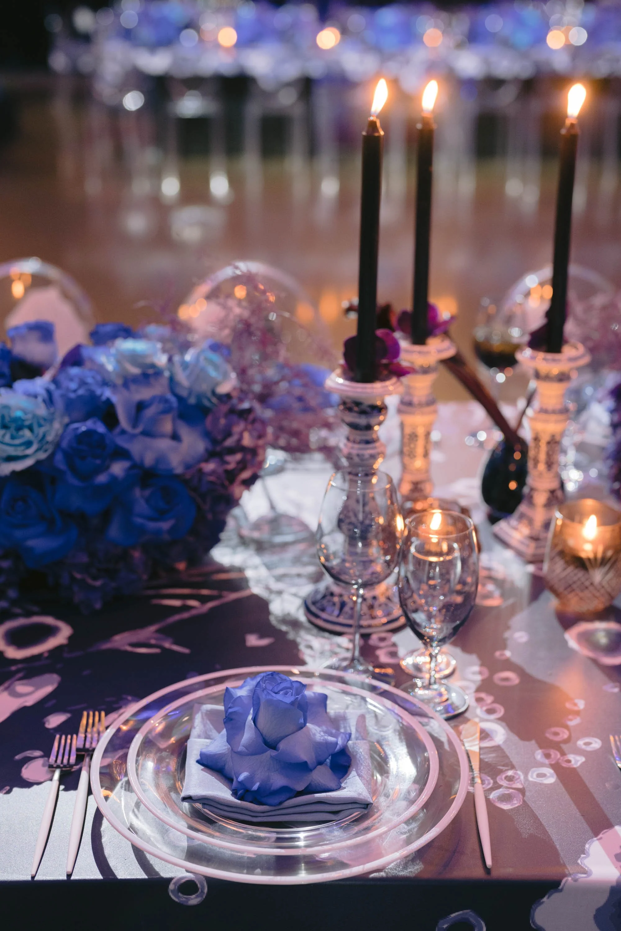 Luxury Birthday Party Setup with Blue Floral Centerpieces and Elegant Table Styling by an Event Planner Los Angeles