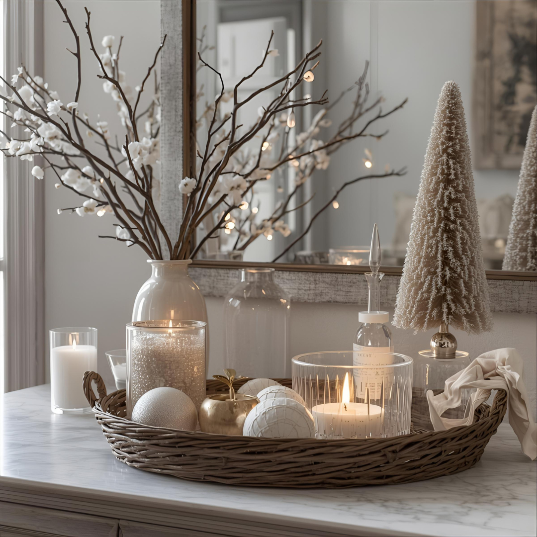 Winter home decor lighting with candles and glass holders, cozy hygge aesthetic