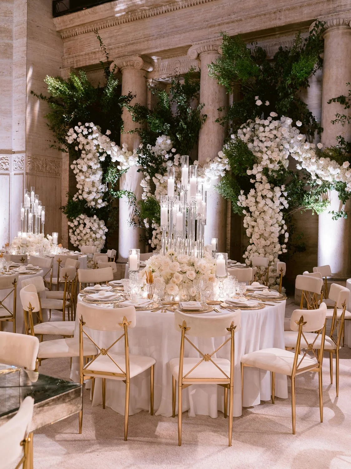 White Wedding Reception with Crystal Details and Refined Decorative Styling