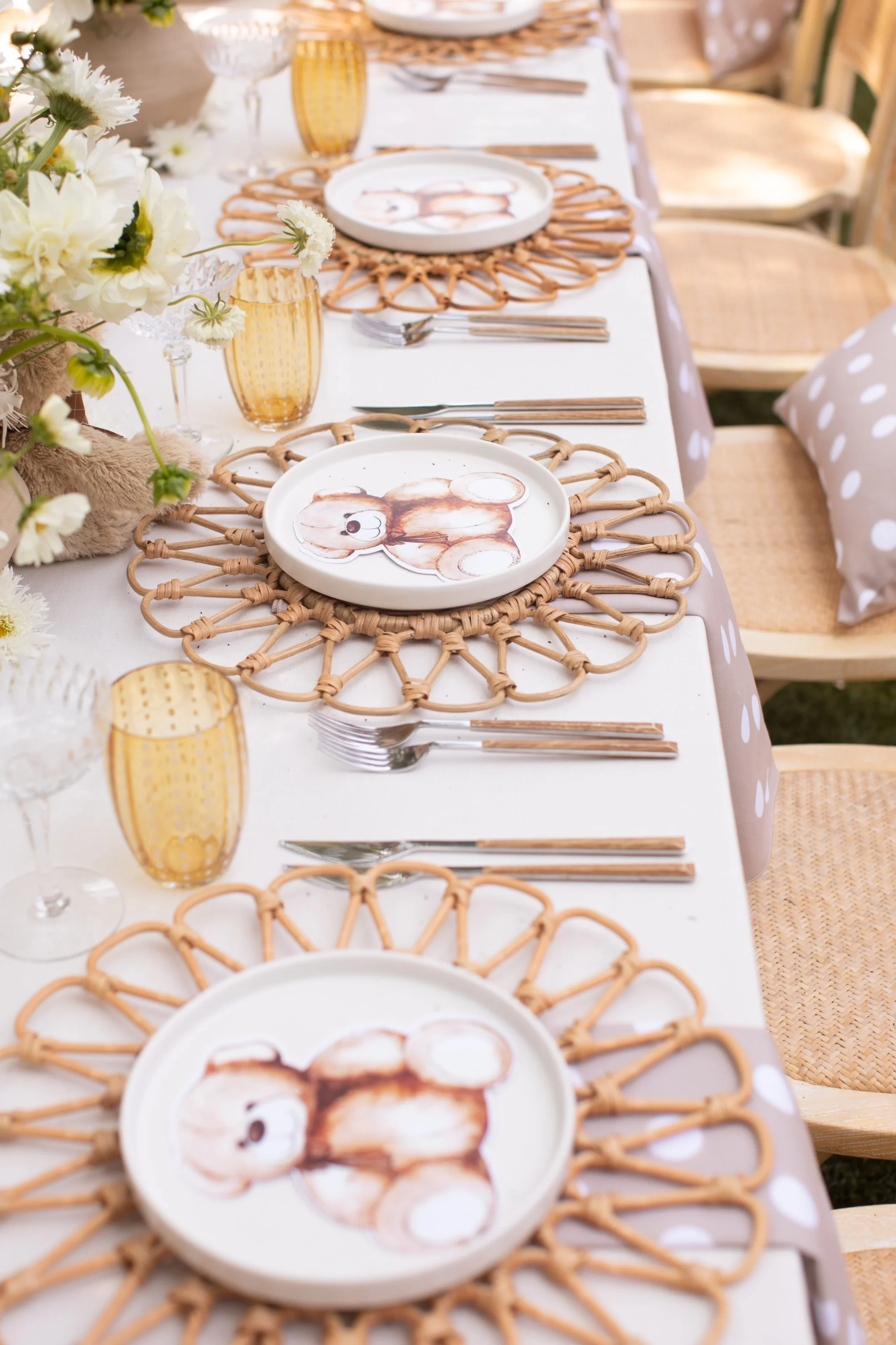 Teddy bear baby shower place settings with woven chargers and custom teddy bear plates