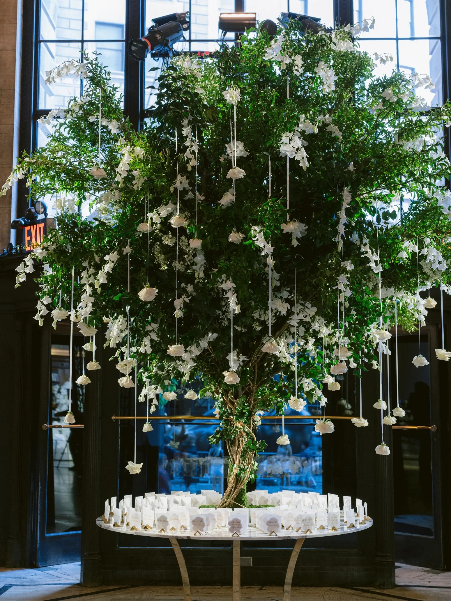 Large-scale white rose tree floral installation for luxury wedding in Los Angeles